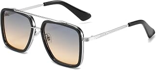Óculos de sol masculino Bestgift Double Bridge vintage quadrado sapo armação prata chá, chá com moldura prateada