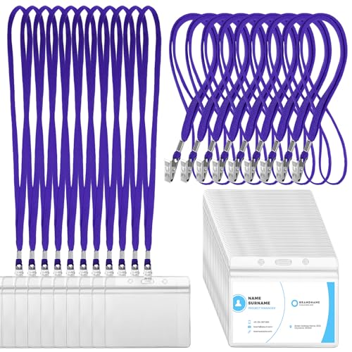 Image of Marspark 100 Sets Clear Name Tags with Lanyard, Lanyards for ID Badges Reusable Strap with ID Holder Plastic Name Badges for Adults Business School Church Conference (Dark Purple)