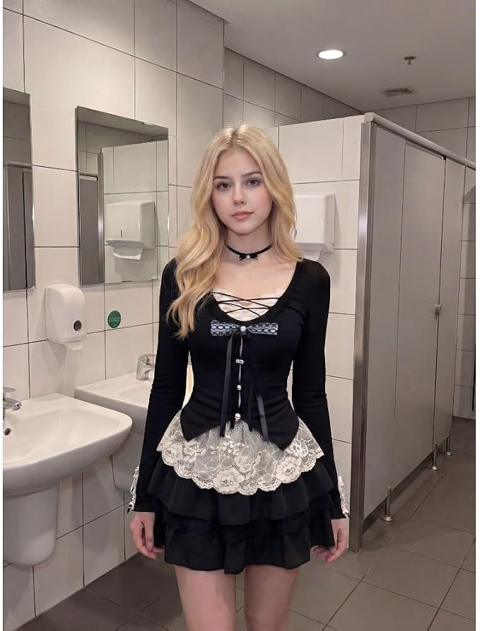 Y2K Black Lace Skirt Set Fake Two-Piece image 5