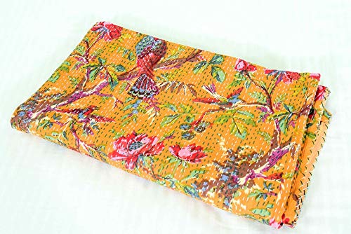 Fashion Hub Textile Work Creations Pure Cotton Indian Bird Print Handmade Bedspread Bedding Throw Tapestry Quilted Kantha Quilt (Multicolour)-image-18