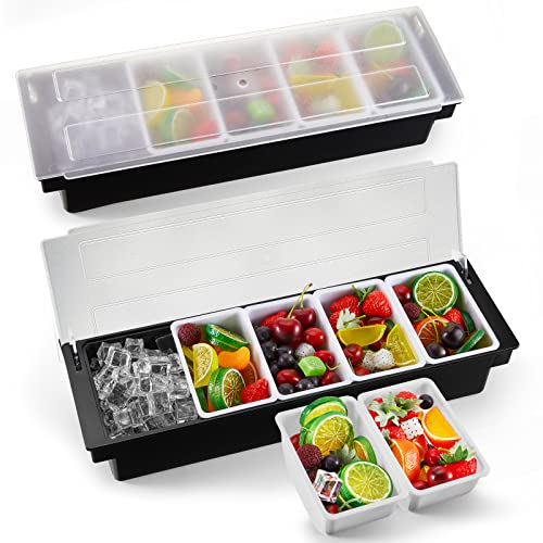 Tessco 2 Piece Ice Cooled Condiment Serving Container Chilled Garnish Tray Bar Caddy Large With Hinged Lid For Home Work Or Restaurant, Black (5 Compartments) #TOP30