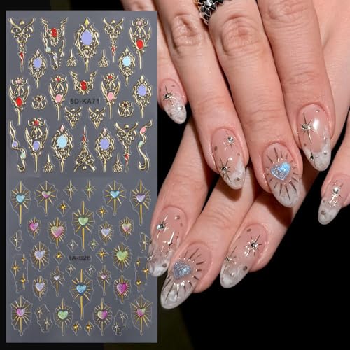 2 Sheets Bohemian Style Nail Art Stickers Decals, Aurora Heart Gold Star with Rhinestones 5D Embossed Self-Adhesive Nail Decals Gothic Manicure Decoration Supplies for Women Girls