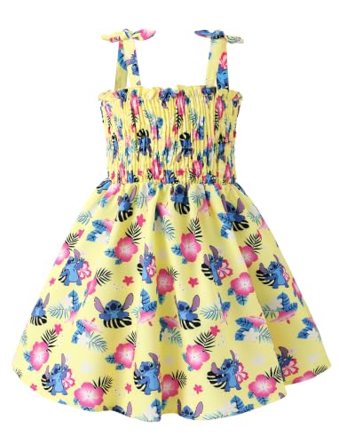 Image of Disney Princess Frozen Elsa Minnie Stitch Toddler Girl Dress Bow Tie Straps Smocked Summer Outfit Birthday Party Clothes 2-9Y