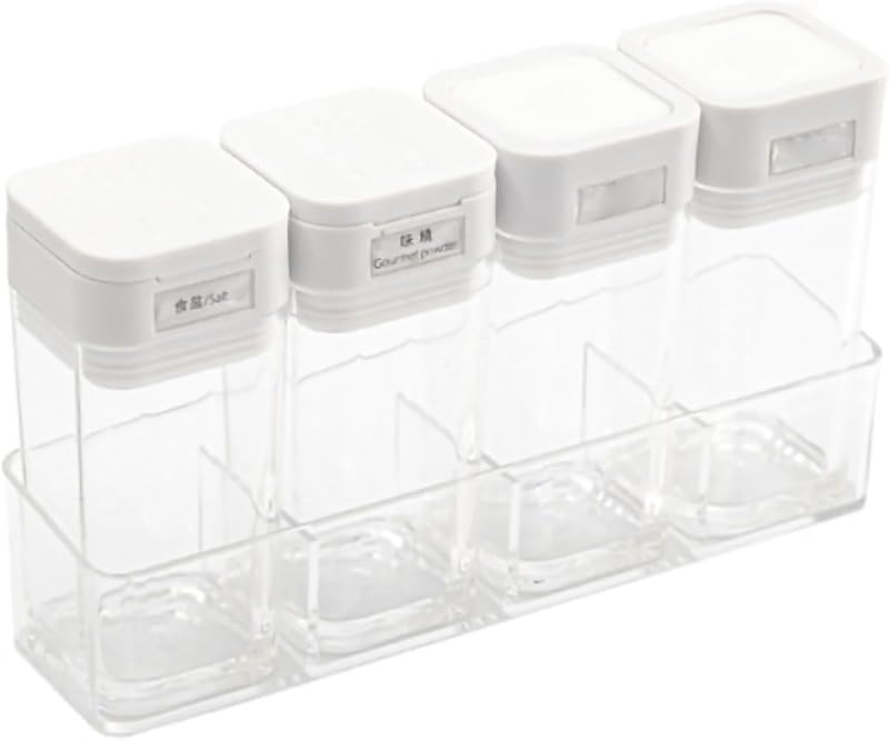 Fdit Kitchen Pots, Double Opening Transparent Seasoning Container with Push Button, Category Label, PS Body and ABS, PP, Silicone Lid for Home (4 Seasoning Bottle)