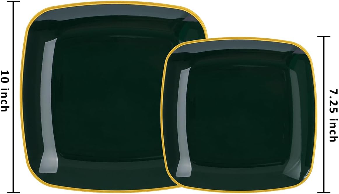 bUCLA 50PCS Green and Gold Plastic Plates - Green Gold Square Plastic Disposable Include 25 Each (Dinner & Dessert) Plates, Ideal for Party & Christmas - Image 2