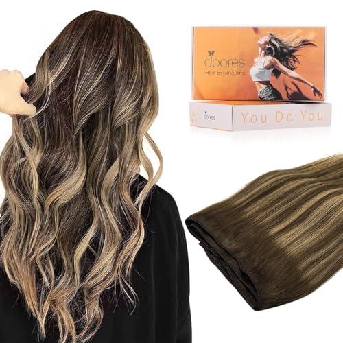 Image of DOORES Weft Hair Extensions Human Hair, 14 Inch 80g Balayage Chocolate Brown to Caramel Blonde, Sew In Real Hairpieces, Straight Natural Hair