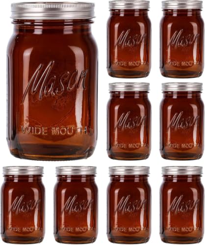 WELLIFE Amber Mason Jars 32 oz,Canning Jars,Wide Mouth Mason Jars with Lids