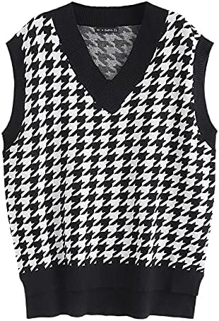 ZAFUL Women's Pullover Argyle Plaid Sweater Vest Houndstooth Knitted Sleeveless Sweater Preppy Style Vintage Knitwear Top