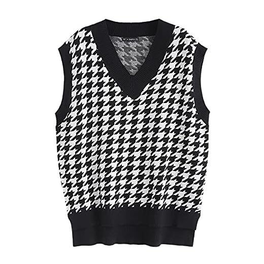 ZAFUL Women's Pullover Argyle Plaid Sweater Vest Houndstooth Knitted Sleeveless Sweater Preppy Style Vintage Knitwear Top