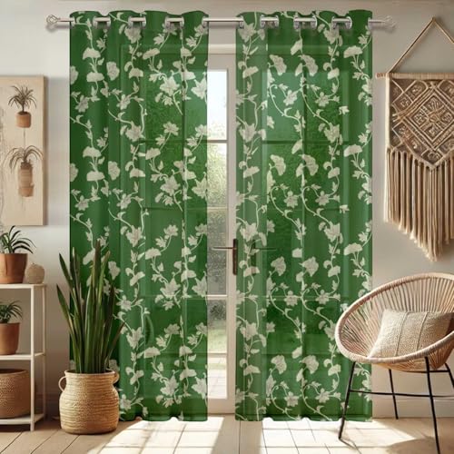 Vargottam Green Floral Vine Design Extra Long Sheer Curtains for Double Height Windows & Doors - Set of 2 Panels, 108", Grommet Top, Light Filtering Printed Georgette Drapes