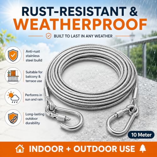 Image of 10 Meter Heavy Duty Clothes Drying Rope with Hooks | Strong Steel Clothesline for Balcony, Travel, Camping & Home Use | Rust Resistant Silver Clothes Line