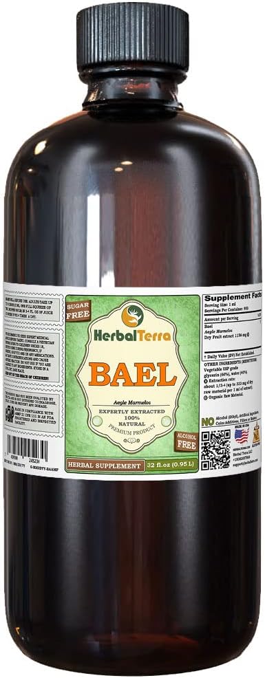 Bael, Mountain Knotgrass (Aegle Marmelos) Dried Fruit Alcohol-FREE Liquid Extract (Brand Name: HerbalTerra, Proudly Made in USA) 32 oz