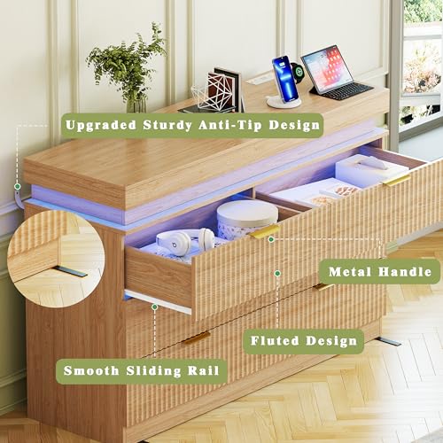 Image of 6 Drawer Dresser with LED Lights and Charging Station, 47 inch Wide Fluted Dresser for Bedroom, Modern Wood Chest of Drawers for Closet Organizer Cabinet for Living Room, Hallway, Natural Oak