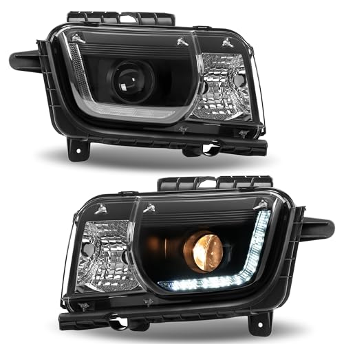 HECASA Pair Projector Headlight Compatible with 2010-2013 Chevy Chevrolet Camaro Replacement for GM2502346 GM2503346 w/LED Tube DRL Front Light Lamp Left & Right - Clear Lens Black Housing by HECASA - Image 2