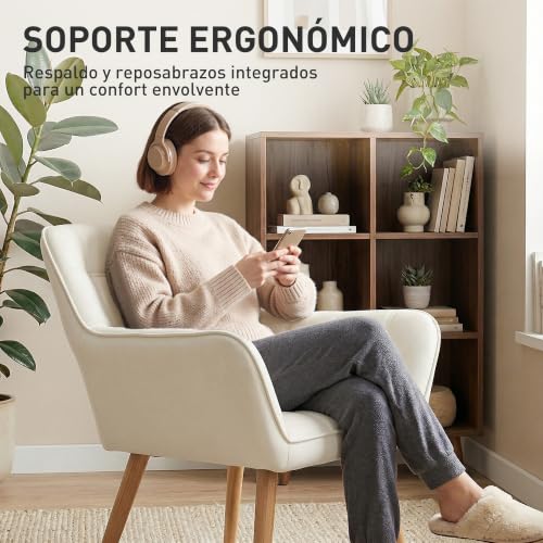 Miniatura 5 de Homcom Butaca De Salón Moderna, Sillón Lectura Tapizado En Terciopelo, Patas De Madera, Fácil Montaje, Sillón Relax Para Sala De Estar, Dormitorio Y Balcón, Crema