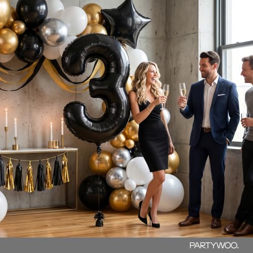 Image of PartyWoo Black Number 3 Balloon 40 Inch 25pcs Black Foil Star White Gold