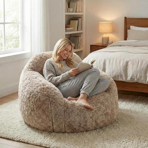 Garvee GarveeLife Giant Bean Bag Chair for Adults, Plush Faux Fur Memory Foam Floor Sofa with Armrests, Removable Washable Cover, Non Slip Base, Cozy Lazy Sofa for Living Room Bedroom Office, Coffe