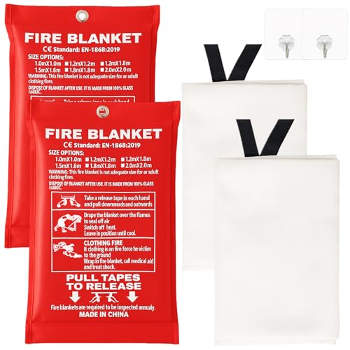 Löschdecke Küche,Feuerlöschdecke Löschdecke,1m x 1m,Feuerdecke für Fettbrände, Glasfaser Brandschutzdecke für Fettbrände, Auto, Küche, Schule, Kamin, Grill, Büro, Garage Werkstatt,2 Stück