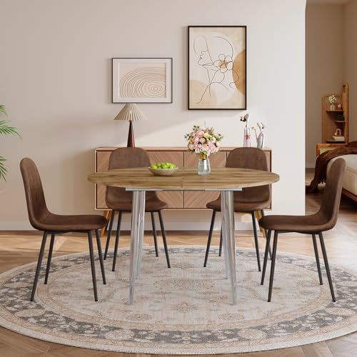 Image of FURNITO Modern Dining Table Set for 4, 42 inch-54 inch Extendable Round to Oval Dining Table, Kitchen & Dining Room Set with Wood Grain Top and 4 Fabric Upholstered Chairs, Space-Saving, Easy Assembly
