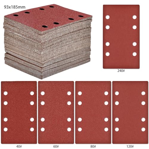 BIGP Schleifpapier Klett Set 100 Stück, 93 x 185 mm mit 8 Löchern für Staubabsaugung, Körnung 40 60 80 120 240, Kompatibel mit Multischleifer & Schwingschleifer, für Holz, Metall, Farbe