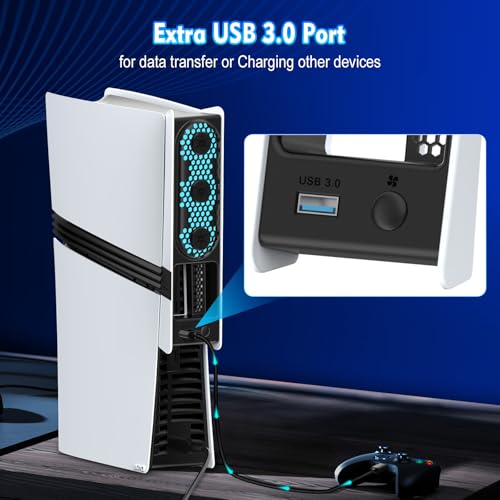 Image of HUIJUTCHEN RGB Cooling Fan for PS5 Slim & PS5 Pro - 3 Modes (Low /High /Auto-Speed), Triple Turbo Fans with Colorful LED, USB 3.0 Port Compatible with PlayStation 5 Slim & Pro (Not for PS5)