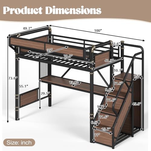 Image of Bellemave Twin XL loft Bed with Storage Stairs, Wardrobe, Shelves, Metal Twin XL Loft Bed Frame for Adults, Kids, Teens, Black+Natural Wood with Black Stairs