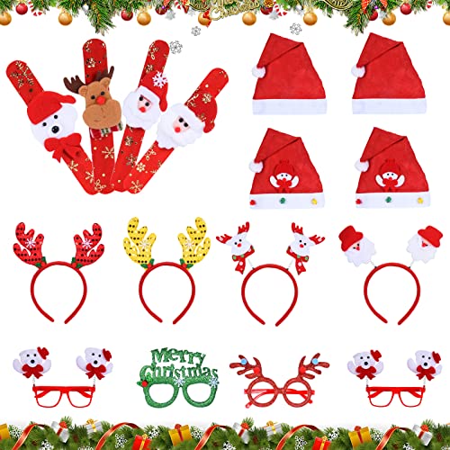 Herefun Serre-tête de Noël, 8 Pcs Noël Serre Tete, Feutre de Bonnet de Noel, Chapeau de père Noël de Pompon, Poignet de Noël, Lunettes de Noël, Enfant Adultes Accessoires de Fête Noël Cadeau Cover