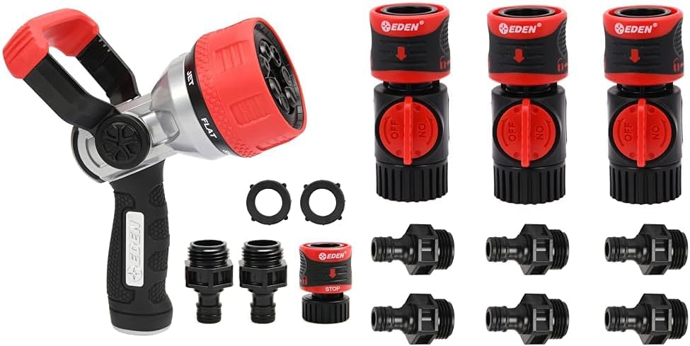 Eden 96806 Heavy Duty Metal Garden Hose Spray Nozzle Quick Connect Starter Set with Eden 93218 Premium Garden Connect Shutoff Valve Quick Release Kit Hose Fittings and Adapters