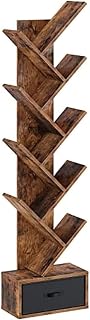 Tree Bookshelf with Drawer, 9 Shelf Rustic, Retro Wood Storage Rack for CDs/Movies/Books, Ladder Shelf, Utility Organizer Shelves for Living Room, Bedroom, Home Office (brown)