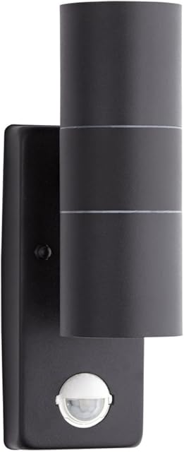 Biard Modern Black Round Up Down Outdoor Security Wall Light with PIR Motion Sensor - Stainless Steel IP44 Rated Ideal for Front Door, Porch, Driveway, Pathway, Patio & Garden - GU10 LED