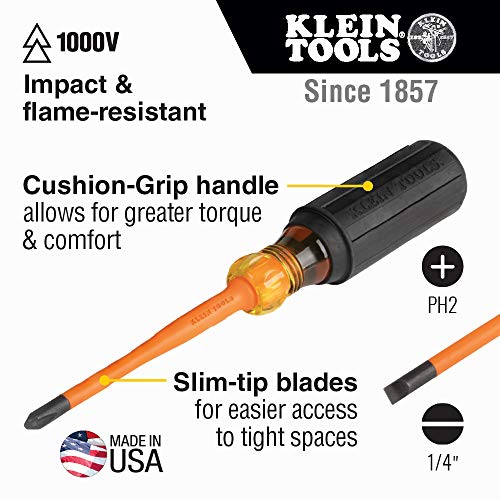 Klein Tools 33732INS 1000V Slim Tip Insulated Screwdriver Set, 2 Phillips and 1/4-Inch Cabinet Tips, Cushion Grip Handle, 2-Piece