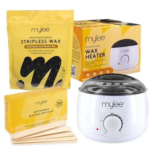 Mylee Professionelles Wachskit – Wachserhitzer, 500 g Hartwachsperlen, Spatel – Streifenfreies Wachs für Gesicht, Beine, Bikinizone, Brazilian und Körper (500g, Holzkohle & Grüner Tee)