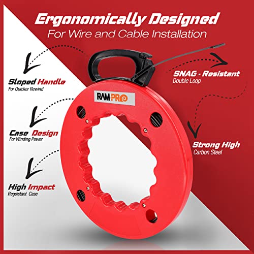 Fish Tape Wire Puller 100ft - Easy to use Cable Puller Tool with Double Loop Tip - Flexible Wire Fishing Tools for Walls and Electrical Conduit - 1/8 Steel Fish Tape Durable Housing - RamPro (100 ft)