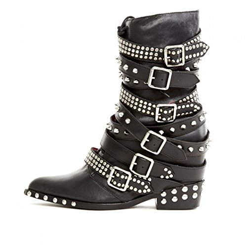 Jeffrey Campbell Draco Stud Hidden Wedge Pointed Embellished Moto Leather Boots (Black Silver, 8) #TOP16