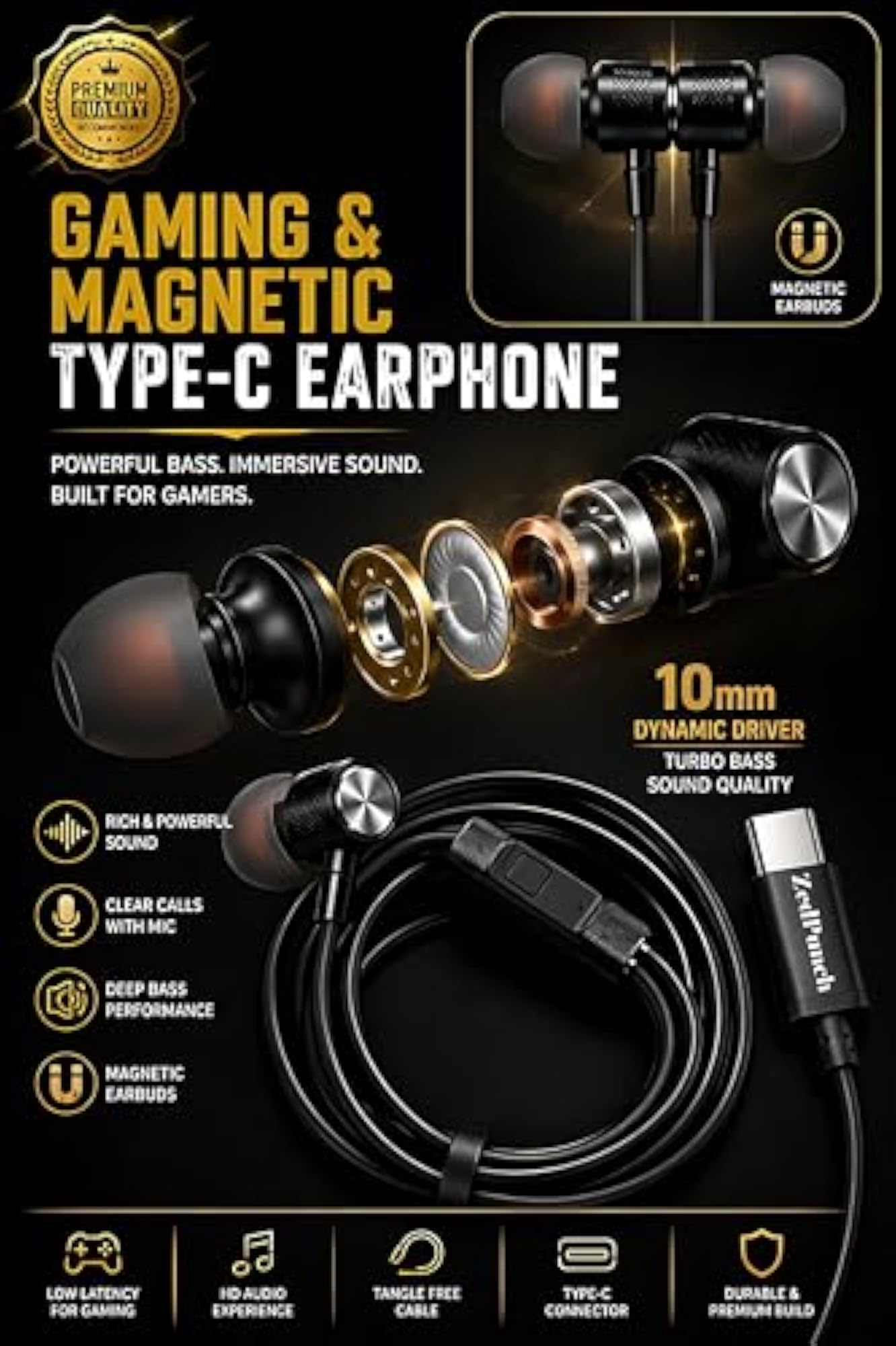 Type C Wired in-Ear Earphones with Mic, Gaming Earbuds