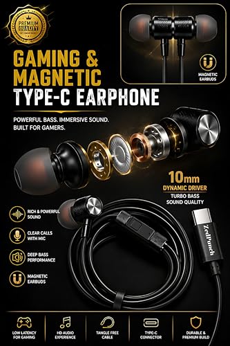 Image of ZedPunch Gaming Type-C Wired Earphone with Mic, 10mm Dynamic Bass Driver, Magnetic in-Ear Headphones, Low Latency Sound for Gaming, 1 Button Control, HD Calling, Voice Assistant, (Dark Black)