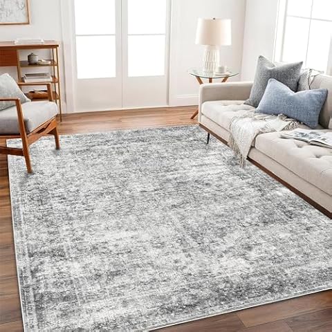 CHAMPLANT Area Rug 8x10 Washable Rug Gray Vintage Rug Traditional Mat Distressed Indoor Foldable Thin Rug Retro Accent Rug Floral Print Rug Non Slip Carpet Living Room Dining Room Office Cover