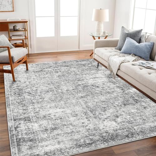 Area Rug 4×6 Washable Rug Gray Vintage Traditional Floor Cover Foldable Thin Retro Accent Indoor Distressed Non Slip Carpet Floral Print Mat Bedroom Living Room Bathroom