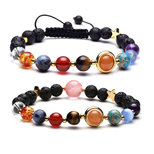 JSDDE Partner Edelstein Armband Planet Asteroid Sonnensystem Stein Armreif Chakra Armband Verstellbar Elastisches Kette (Paar Set)