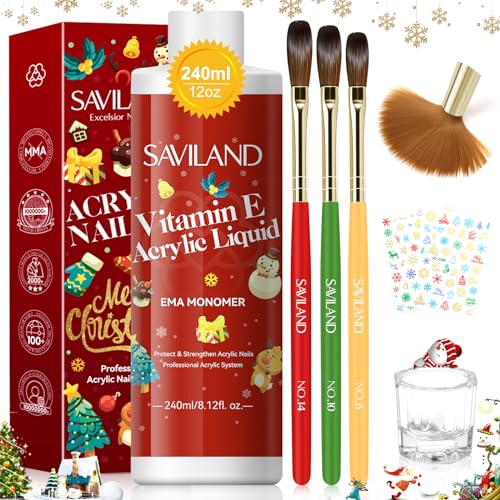 SAVILAND Acrylic Nail Art Kit: 120g Clear Powder, 150ml Monomer - Brushes & 100 Forms for Spider Web/Moon 3D Carving, DIY Manicure Extension