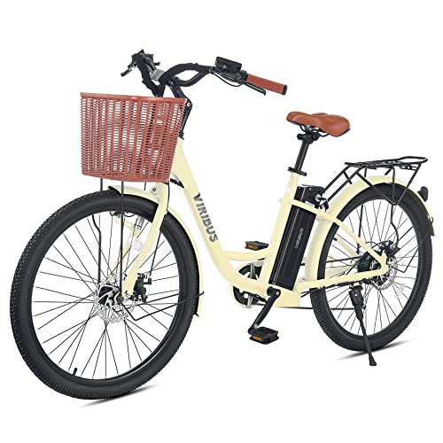Viribus Electric Bike, 25 Mph Electric Cruiser Bike For Women With Basket, 350W Pedal Assist Ebike With Shimano 7 Speed Shifter Front Suspension For Adults, Electric Bicycle With 36V Battery, White #TOP9
