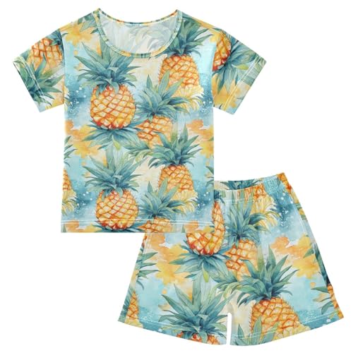 ALAZA Pineapples on Vintage Background Pajama Set Short Sleeve Sleepwear Soft Lounge Nightwear