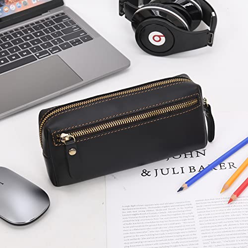 Wonderpool Pen Case Real Leather Pencil Pouch Markers Holder Big Capacity Bag With Side Zippered Pocket Sleeve For Stationery Makeup Utensils Organizer (Black) #TOP1
