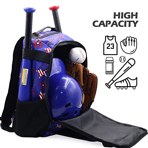 Zoea Youth Baseball Bat Bag Backpack, T-Ball & Softball Equipment & Gear For Youth, Large Capacity Holds 2 Bats, Helmet, Gloves, Cleats, Helmet Holder And Includes Fence Hook (Star Blue) #TOP1