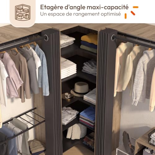 Dressing extensible d'angle MARLON 220 x 220 x 180 cm hêtre avec penderies + porte pantalon + étagères + tiroirs + rideaux noirs - vue 8