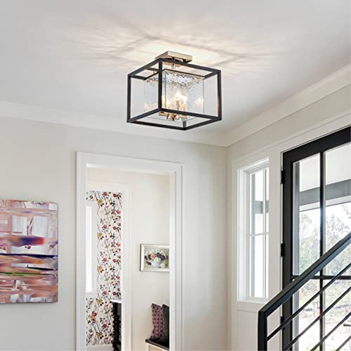 Agv Lighting Cl015 Semi Flush Mount Ceiling Light Fixture, Close To Ceiling Light, 4-Lights E12 Base, Hazy Textured Glass Shade, Matte Black & Shine Gold Finish #TOP4