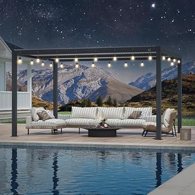 PURPLE LEAF 11' x 15' Adjustable Louvered Pergola with String Lights Aluminum Outdoor Pergola with Drainage System White Sun Shade Roof Hardtop Gazebo Metal Patio for Deck Backyard Garden