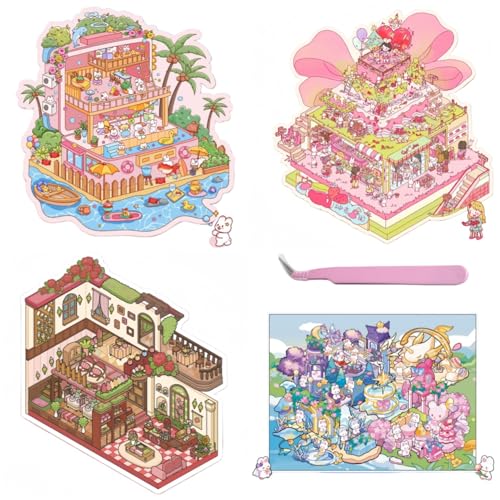 4 Sets Large Size DIY Stickers Scene with Tweezers,Cute Cartoon DIY 3D House Stickers Make Your Own Miniature House Dream Castle Party Therapy Sticker Scenes for Adult Kids Relief Stress Pass The Time