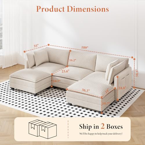 Image of Vesgantti 109 inch U Shaped Cloud Sectional Sofa, Comfy Corduroy Upholstered Sectional Modular Sofas for Living Room, Modern Modular Couch with 2 Ottoman Deep Seat, Beige