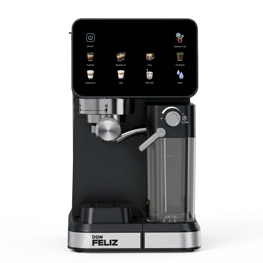 Don Feliz Cafetera Espresso Semiautomática 20 Bar 1350W con Pantalla LCD, Depósito de Leche 500ml, Depósito de Agua 1.5L, Compatible con Nespresso, Cappuccino, Americano, Autolimpieza